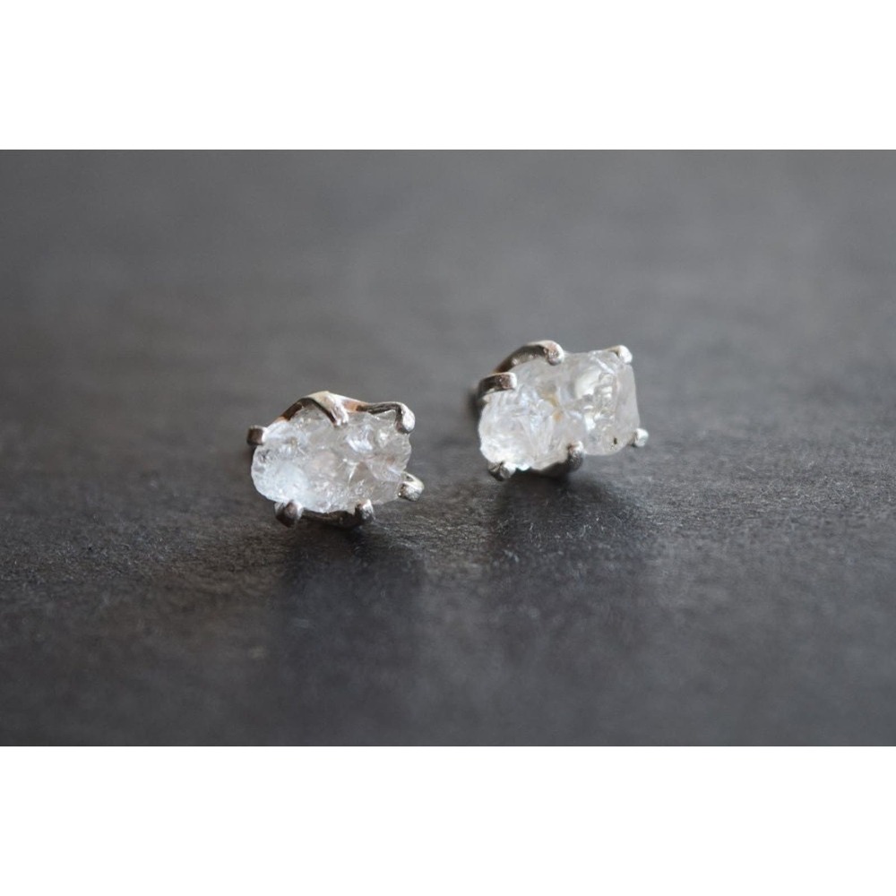 Sterling silver stud earrings, alternative diamond, uncut natural gemsto…
